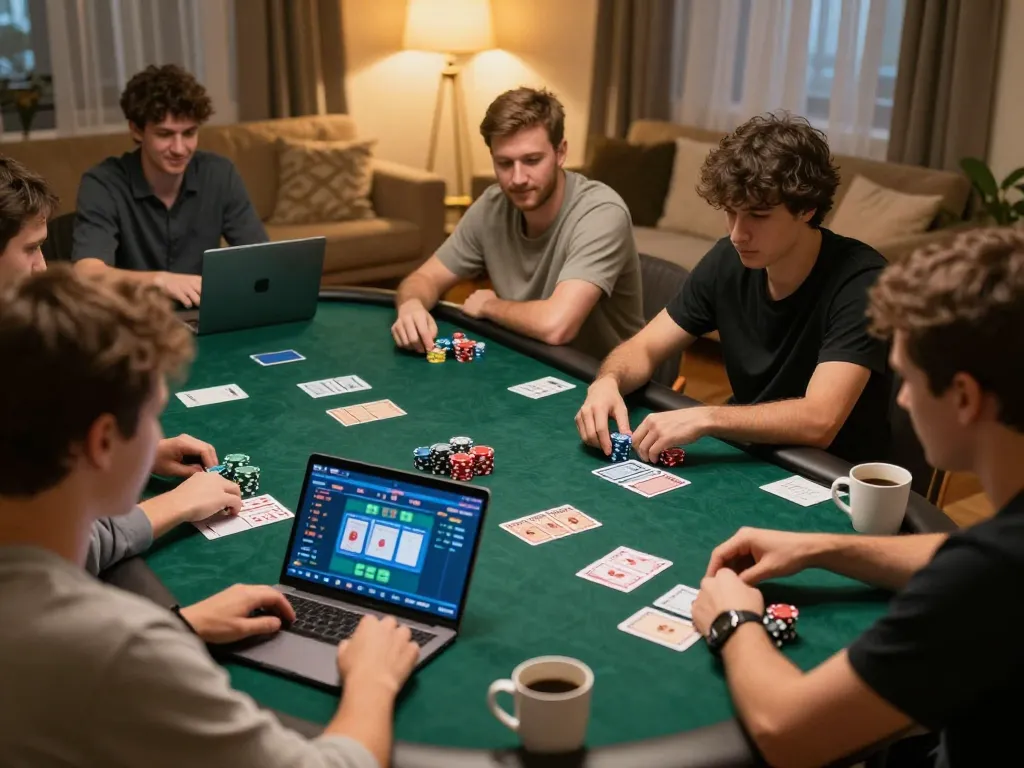 SC88 players enjoying a strategic poker game at home with chips and cards visible.