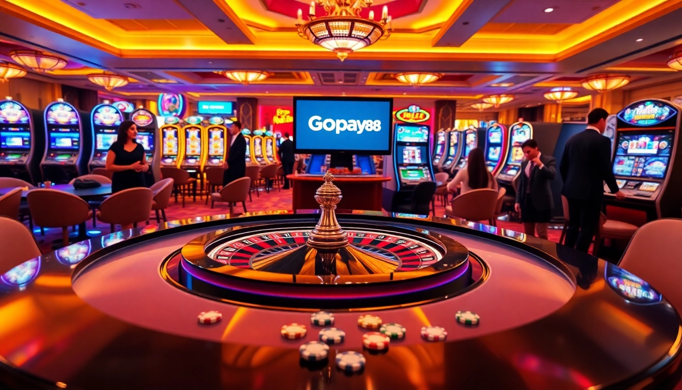 Players engaging in exciting online gaming at a luxurious casino, featuring Gopay88's logo prominently.