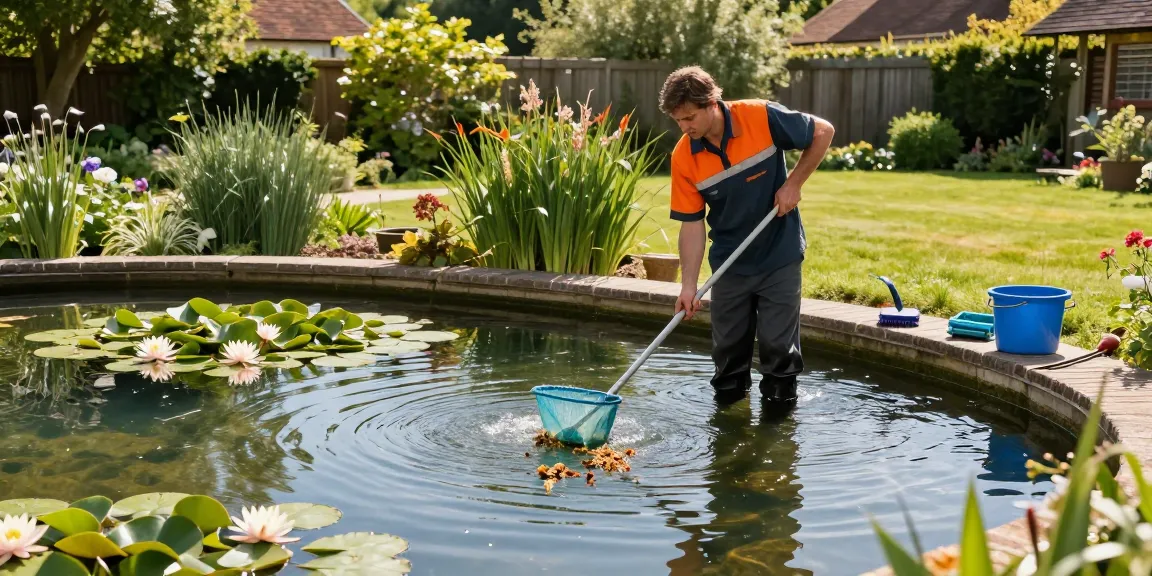 Pond Clean Sussex: Professional pond cleaner maintaining a beautiful pond in a Sussex garden.