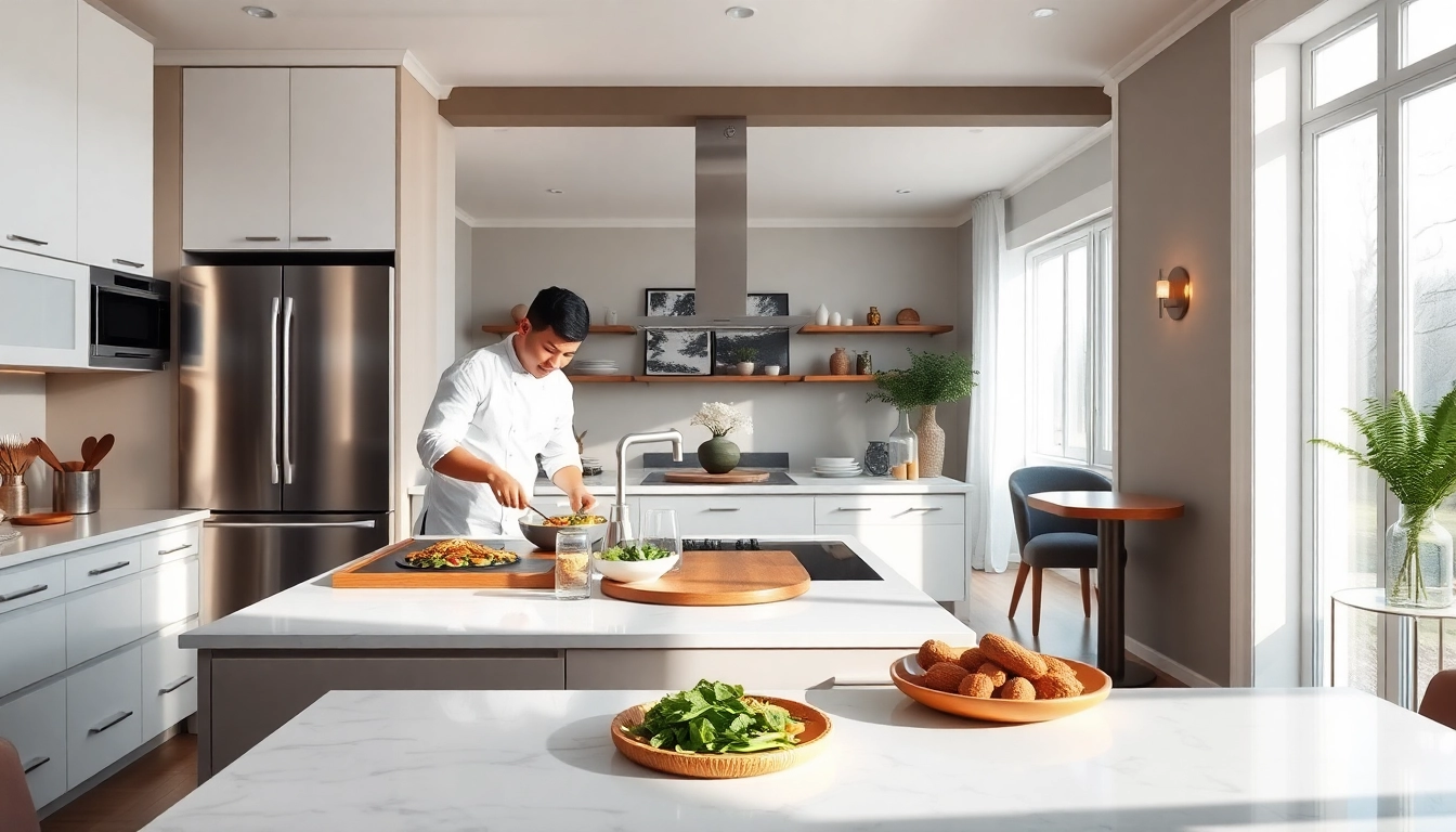 Kitchen remodeling showcasing a modern design with sleek finishes and bright lighting.