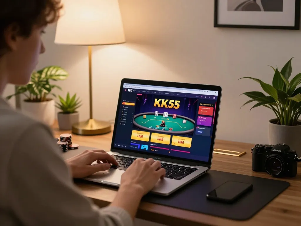 Player engaging in online gambling at home with KK55 casino interface visible on screen.