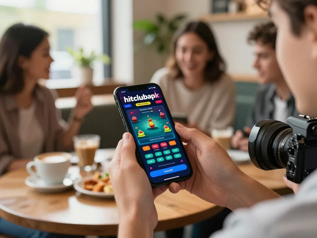 Engaging gameplay on the hitclubapk app displayed on a smartphone in a lively coffee shop environment.