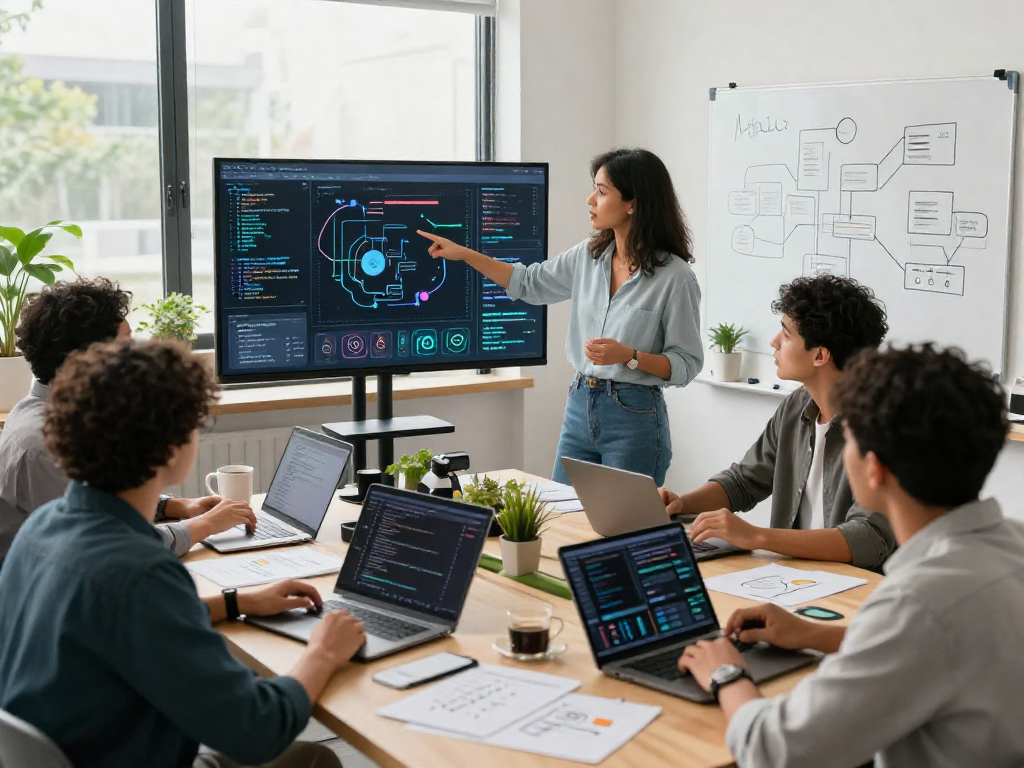 Busy AI workspace with professionals collaborating on innovative tech projects and data visualizations, reflecting the theme crush on ai.