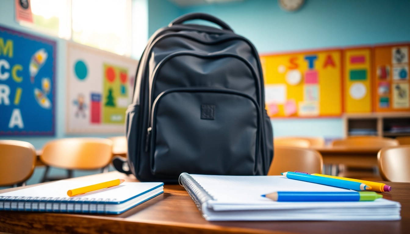 Praktische Handtasche für Schulen auf einem Schreibtisch mit Schulmaterialien und lebendigen Farben.