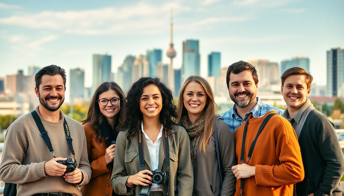 Captivating portrait of a team from a photography company edmonton with Edmonton skyline.