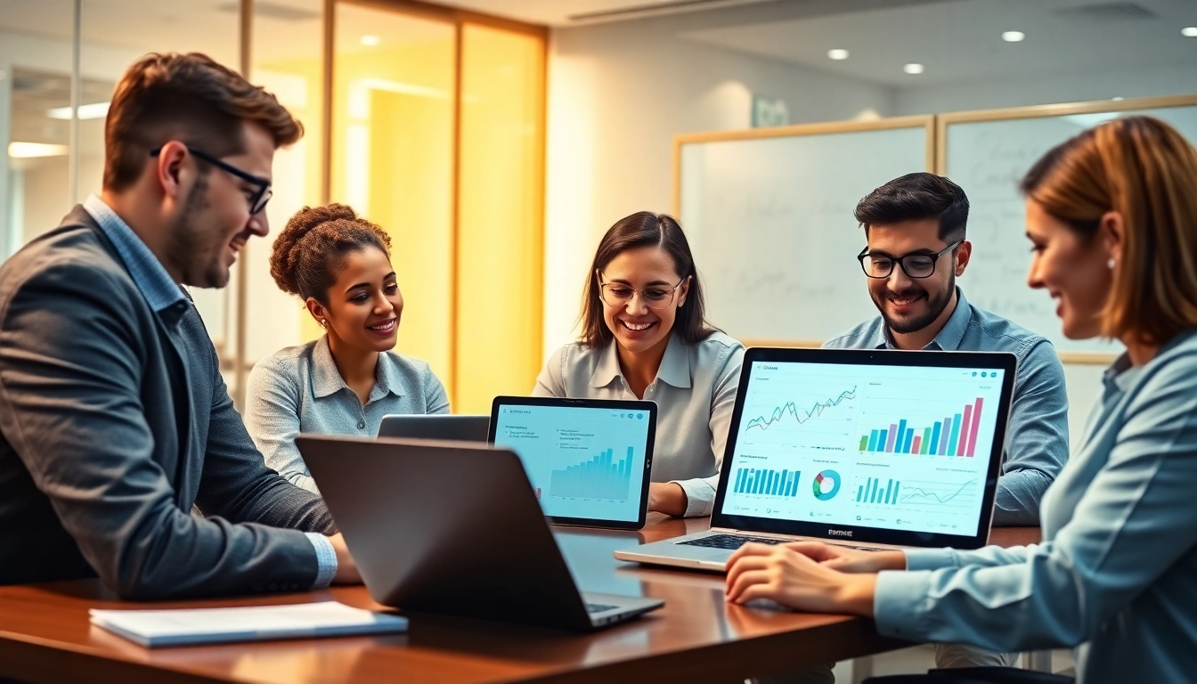 Utilizing AI for competitor analysis in a modern business setting, showcasing professionals in action, analyzing data.