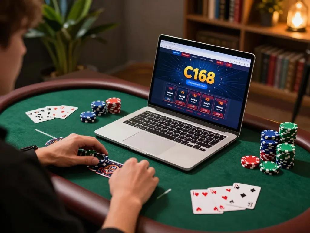 C168 player engaging in online casino gaming, chips and cards visible on the desk, cozy atmosphere.