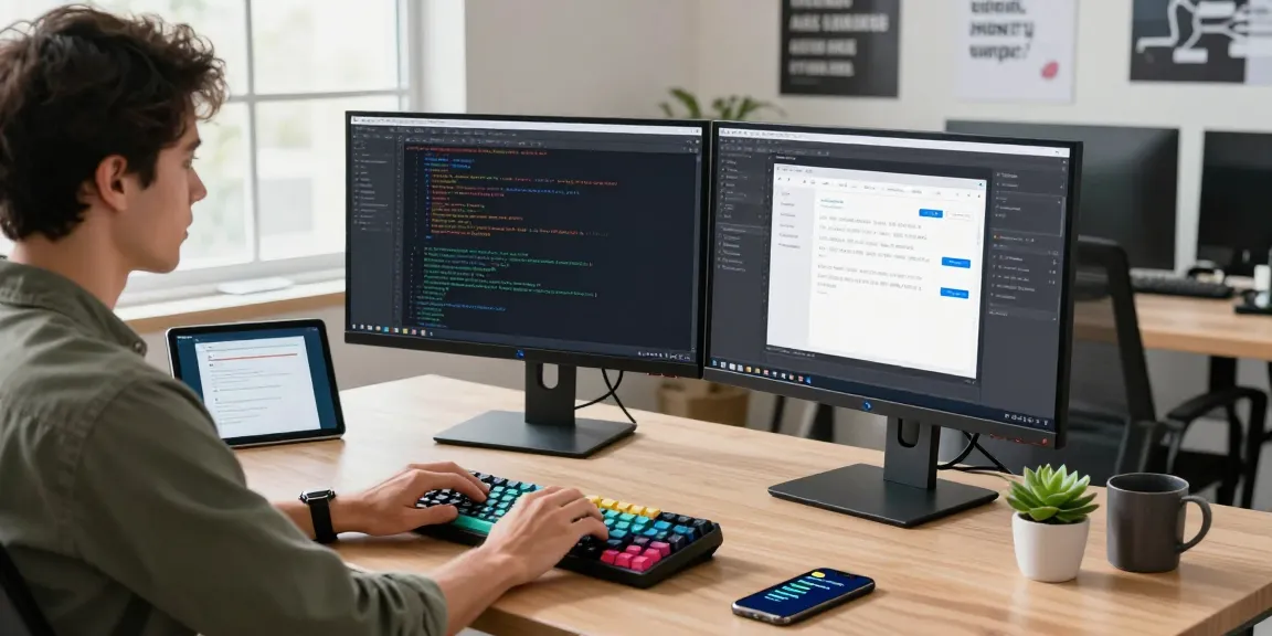 Developer coding on dual monitors at https://factors.org.uk in a bright, modern office environment, emphasizing innovation.