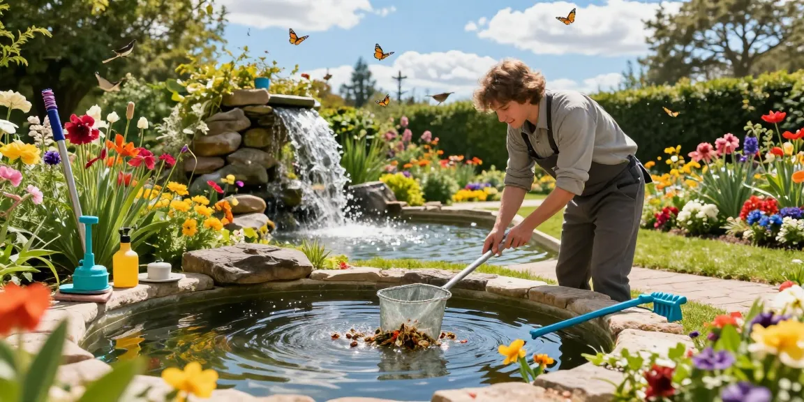Pond Clean Sussex expert cleaning a vibrant garden pond surrounded by lush greenery and colorful flowers.