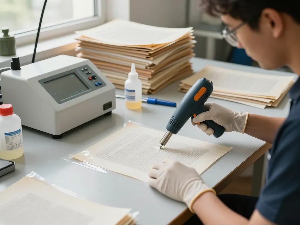 Expertly bóc ép plastic hà nội by professional document restoration technician in a clean workshop environment.