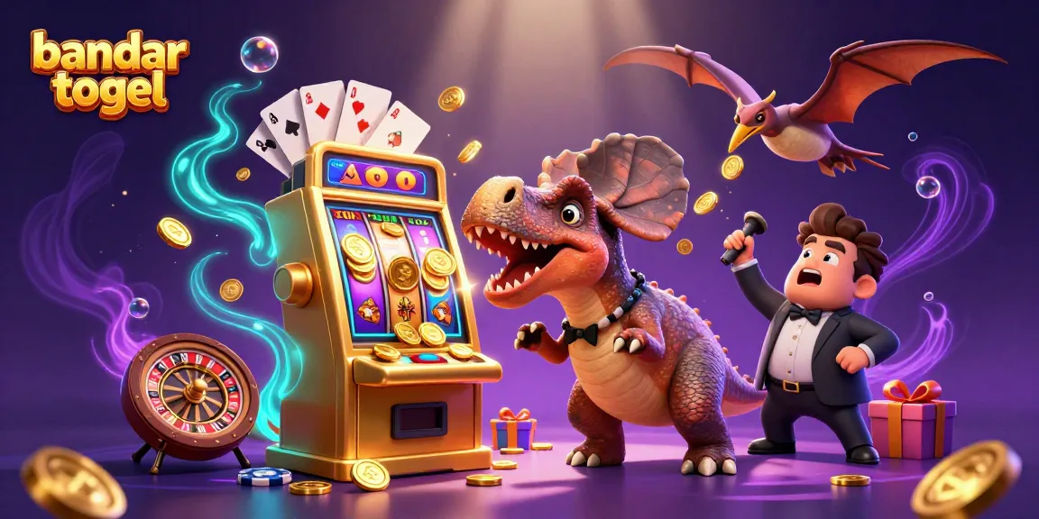 Engaging bandar togel scene with dinosaurs celebrating jackpot wins in a vibrant casino.