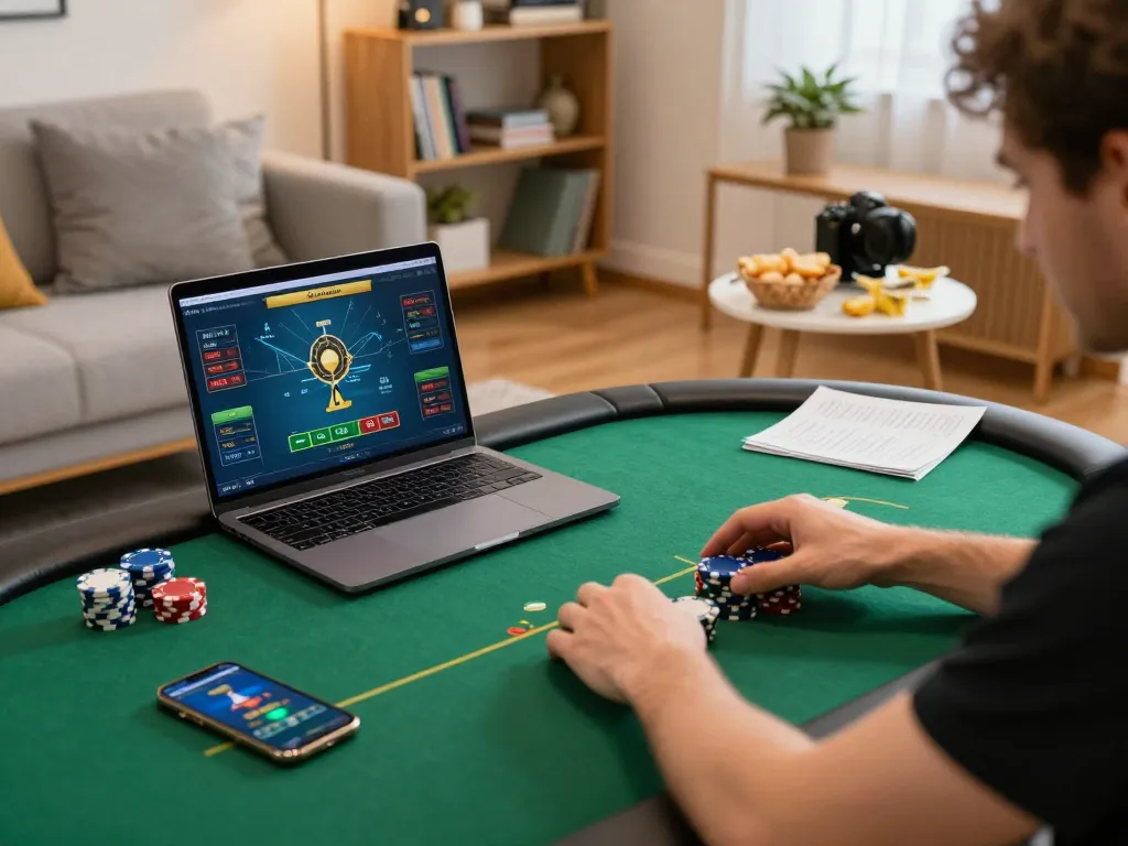 Engaging in the hidden wiki online poker game with strategic notes and chips in a cozy setting