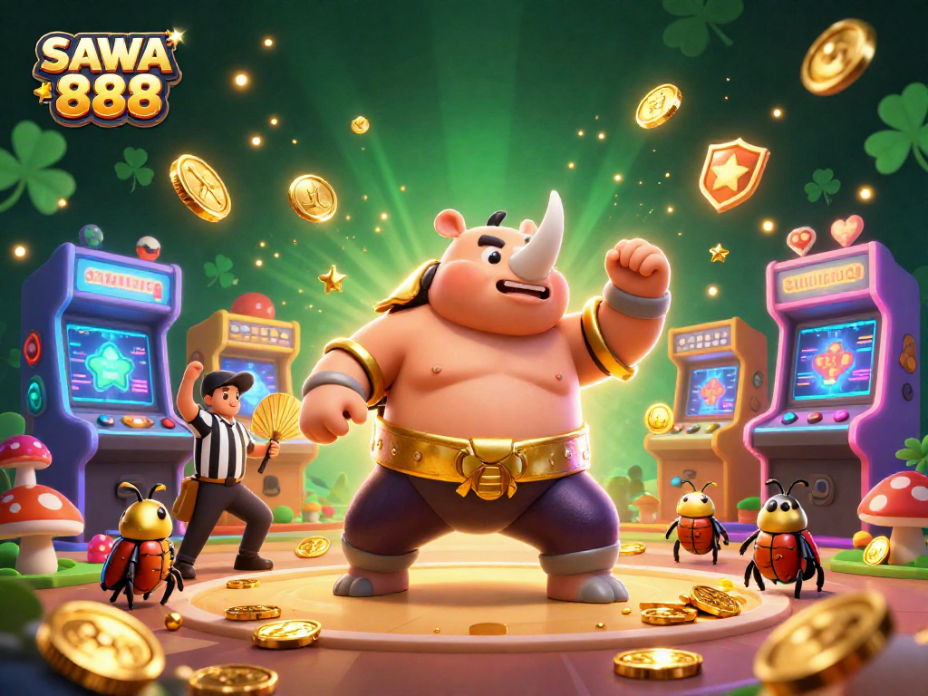 Action-packed illustration of SAWA 888 showcasing a beetle sumo champion, flying coins, and vibrant gaming machines.