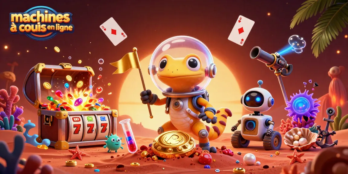 Jouez à des machines à sous en ligne avec cette illustration amusante et colorée qui met en avant des éléments de casino excitants.