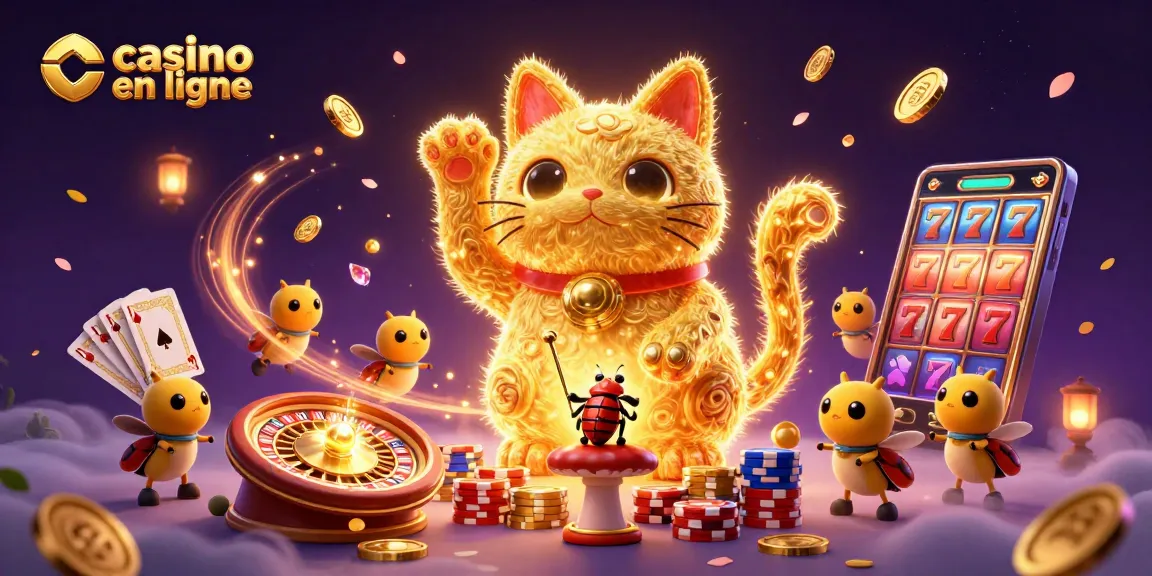 Jouez à des jeux captivants sur un casino en ligne avec des symboles de chance et des pièces d'or scintillantes.