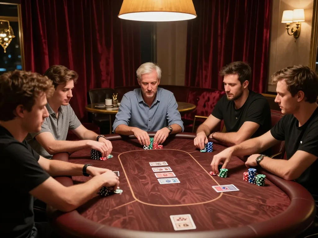 Players engage in an intense poker game at EV99 Casino, showcasing strategic gameplay in a luxurious setting