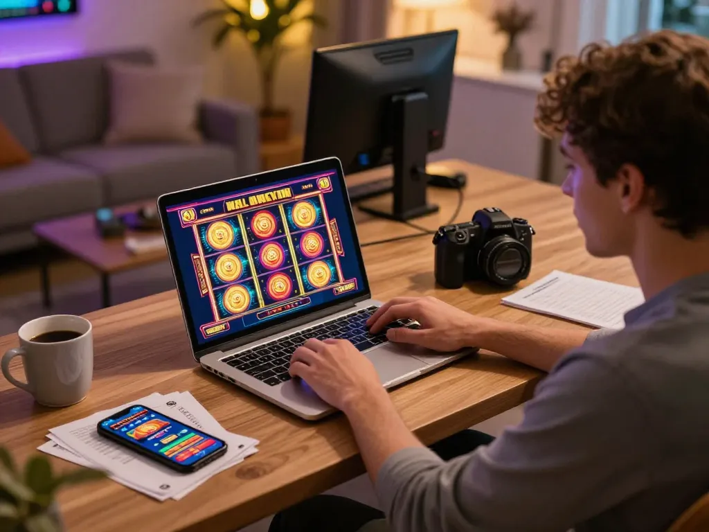Engaging in online slot games from home, displaying link slot interface on laptop.