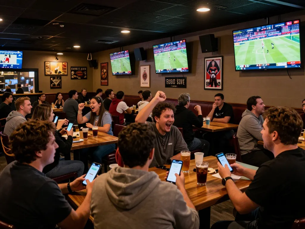 Fans using betting apps in a lively sports bar, featuring bookmakers stranieri for enhanced betting experiences.