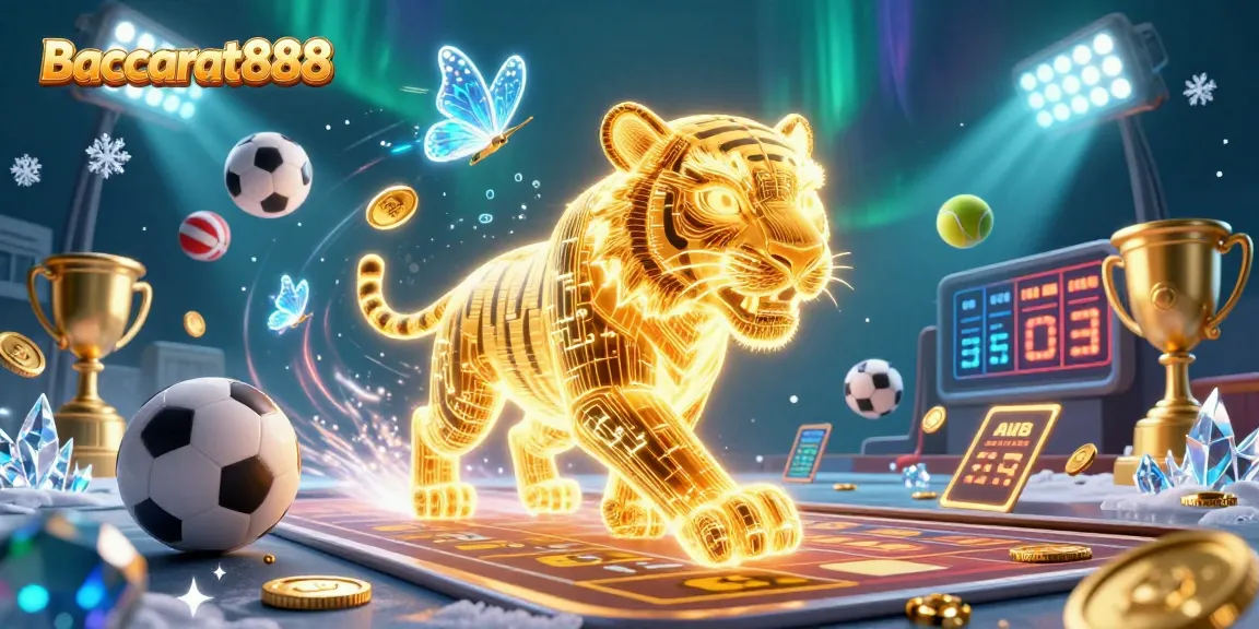 Baccarat888 showcases a dazzling golden tiger in a vibrant casino setting, illuminating the digital landscape with festive energy.
