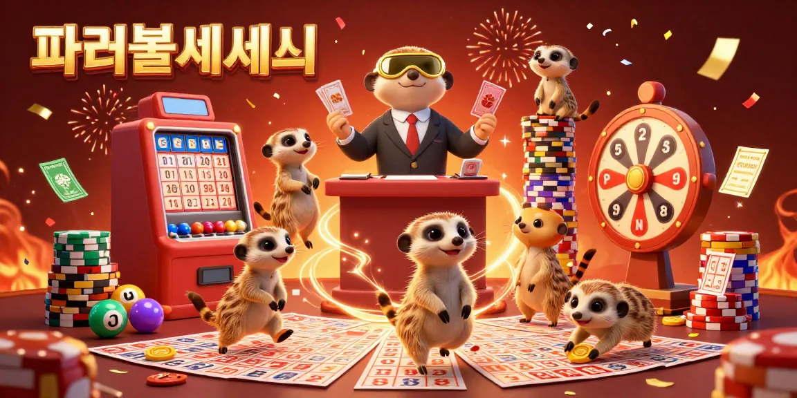 파워볼사이트에서 다양한 복권 게임을 운영하는 미어캣 캐릭터들이 경쾌하게 활동하는 장면