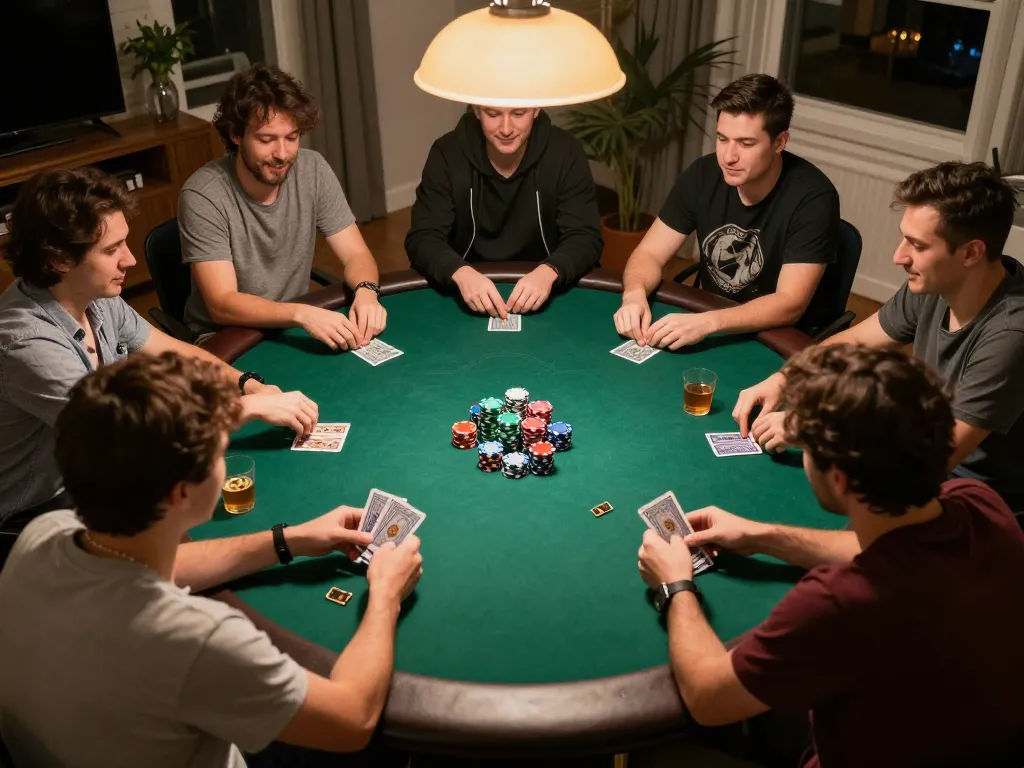 Engaging poker gameplay at home with friends, showcasing strategy and excitement at MB88 COM.