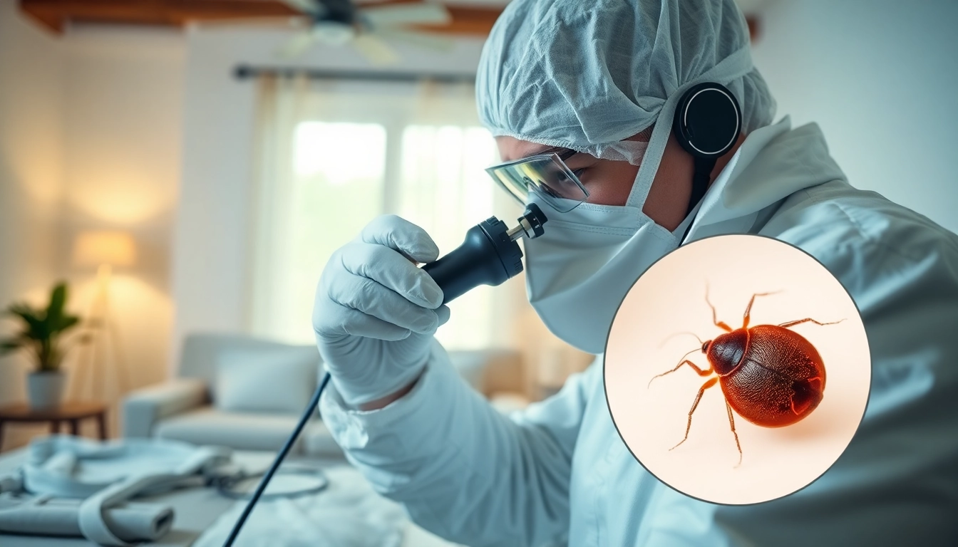 Bedbugs exterminator near me performing detailed pest control inspection in a clean room.