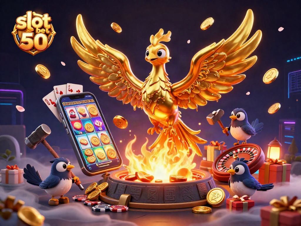 Experience the thrill of slot bet 50 with a golden phoenix amidst casino games and coins.