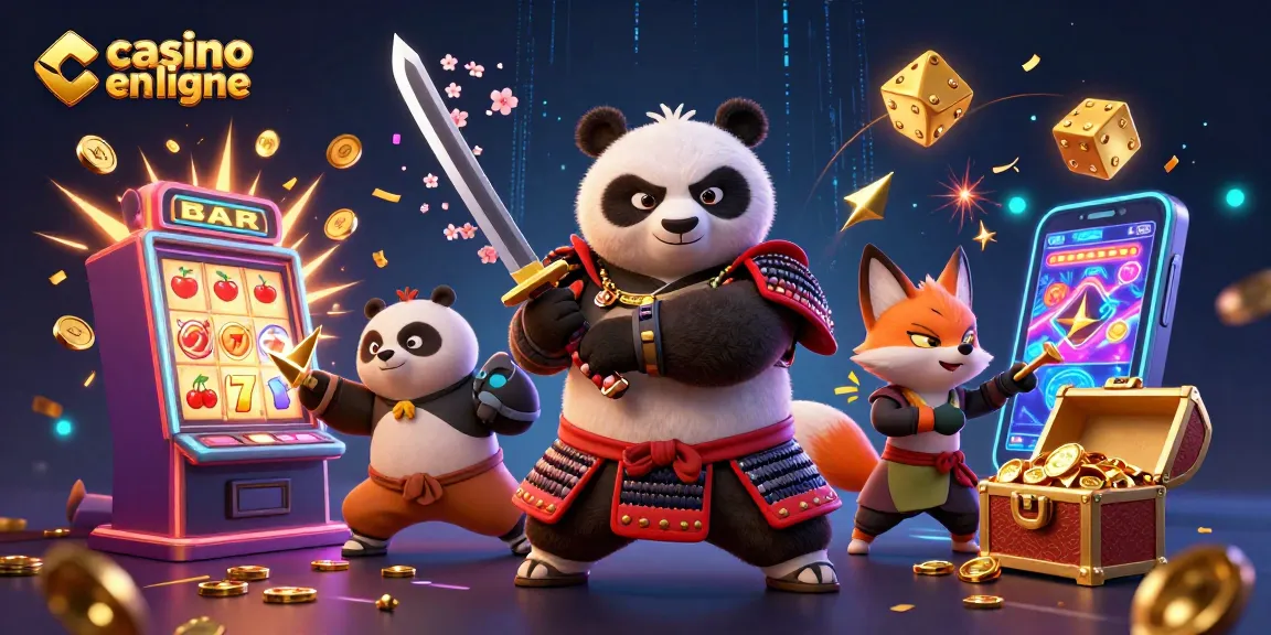 Jouer au casino en ligne avec une illustration dynamique de panda samouraï, renard ninja et tanuki magique.