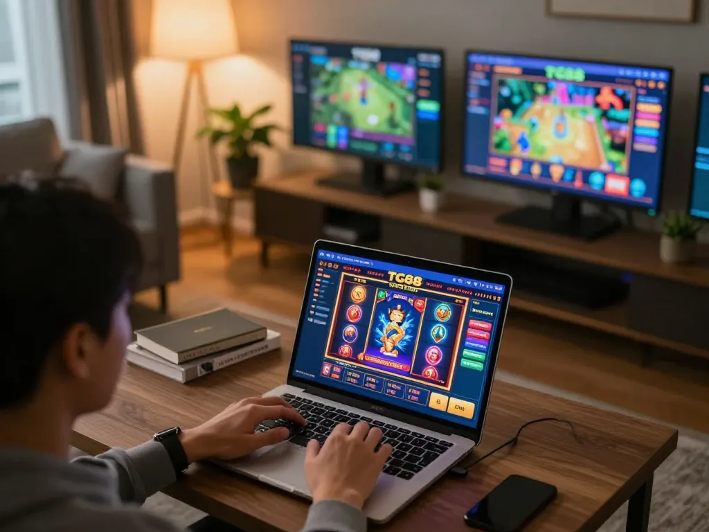 Engage with strategic gameplay using TG88's vibrant online casino interface in a cozy home setting.