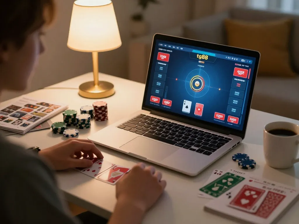 Engaging online poker session on tg88 with player strategizing on laptop screen.