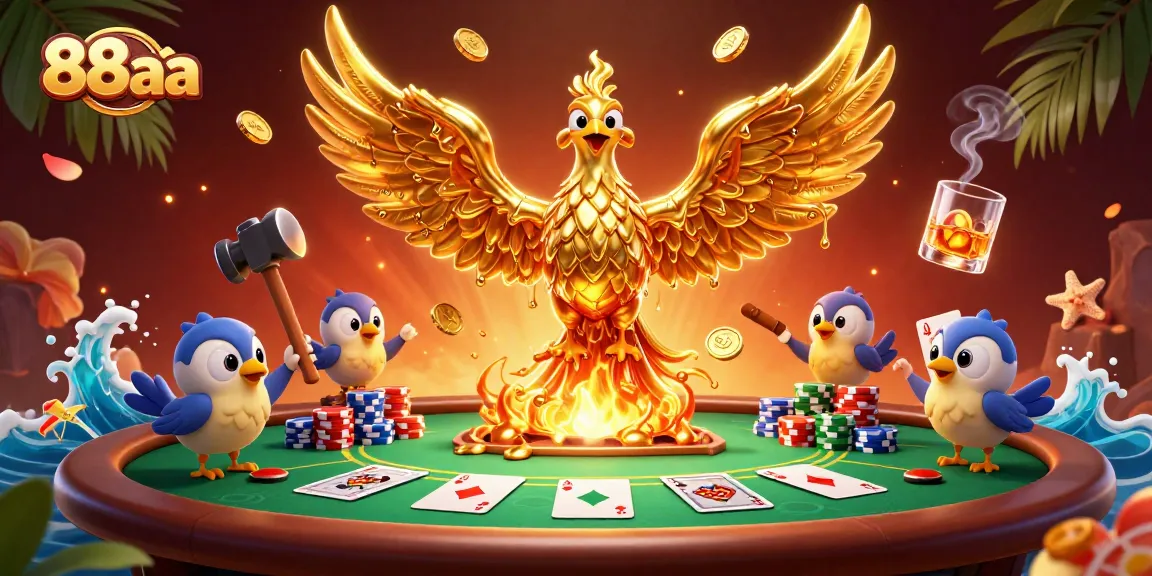 Experience thrilling gameplay with 88aa's golden phoenix and poker excitement amidst vibrant colors.