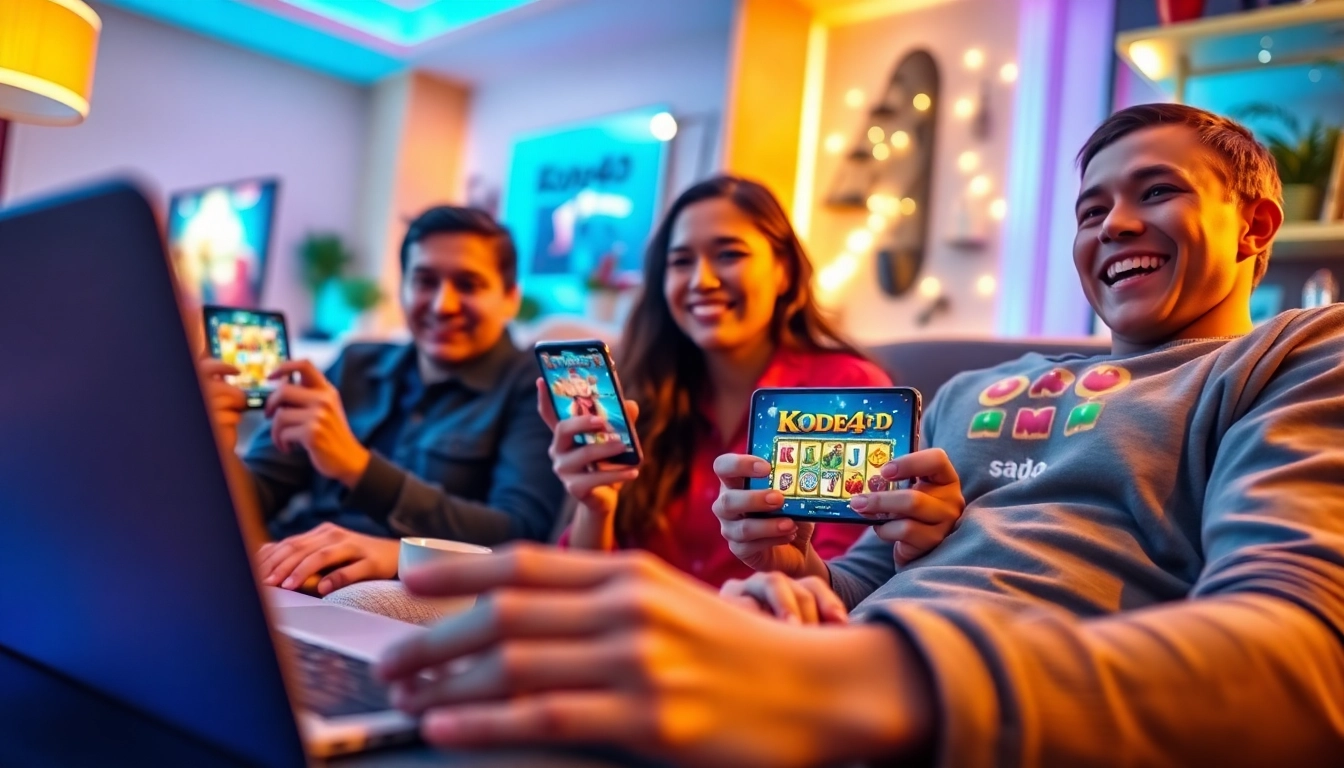 Interactive scene of players enjoying Kode4d slot games on devices, showcasing excitement and security.
