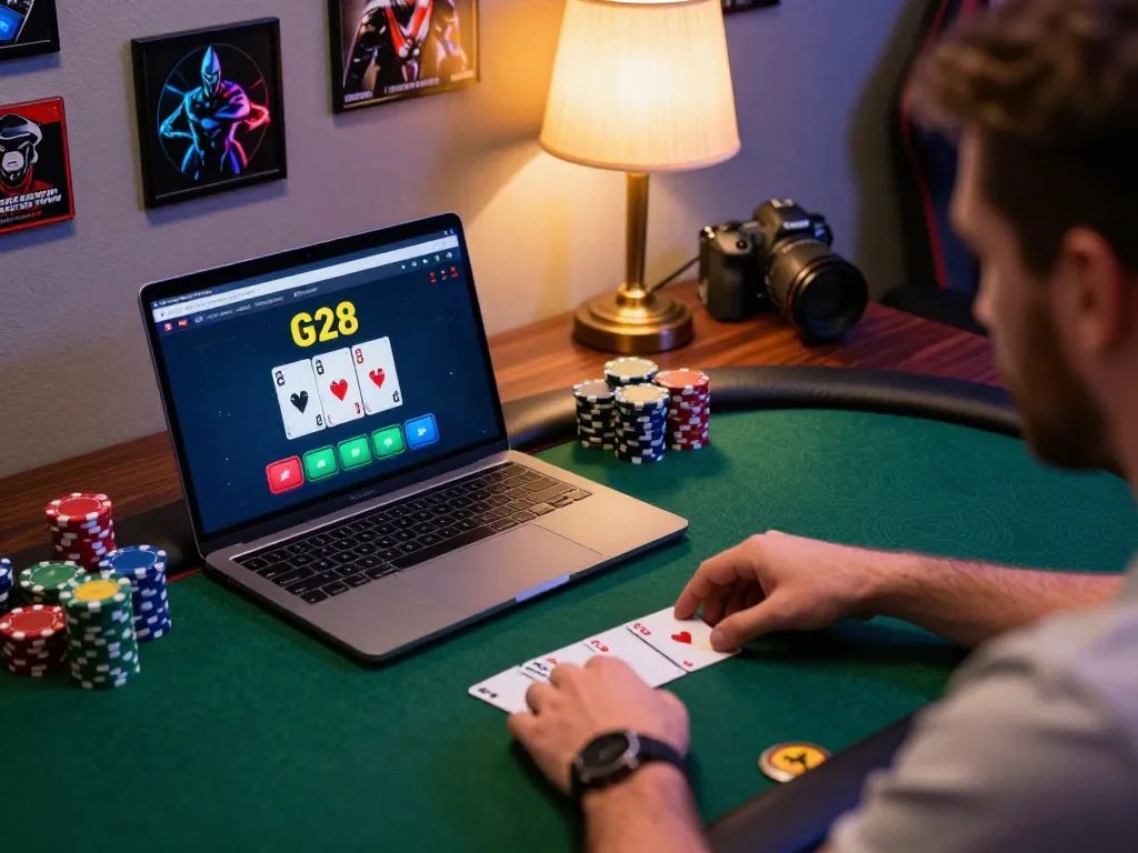 Engaging online poker gameplay at G28 platform from a cozy home setup, capturing the action in detail.