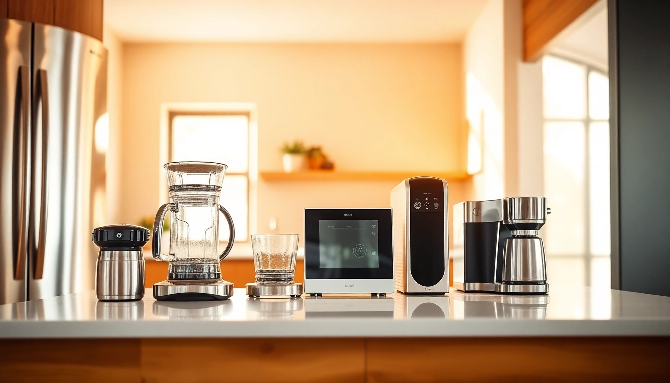 Showcase of modern home appliances arranged in a contemporary kitchen environment.