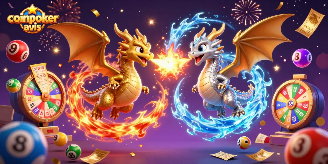 CoinPoker avis : Découvrez une illustration dynamique avec des dragons et des éléments de jeux de société.