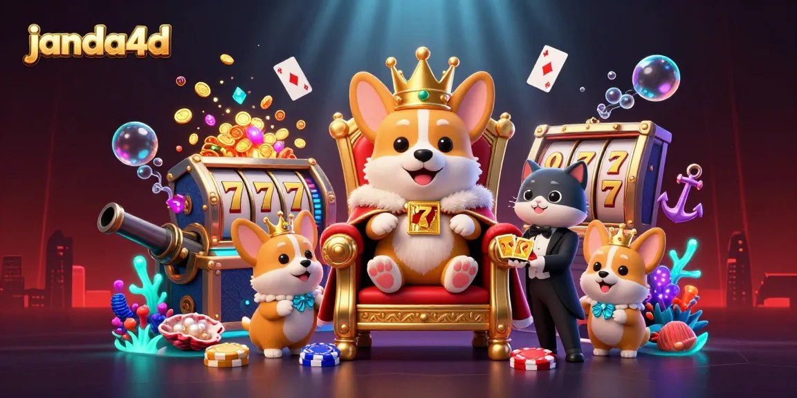 Slot online janda4d dengan tema ceria, corgi raja dan butler menyajikan kartu emas yang dikelilingi permata dan koin.