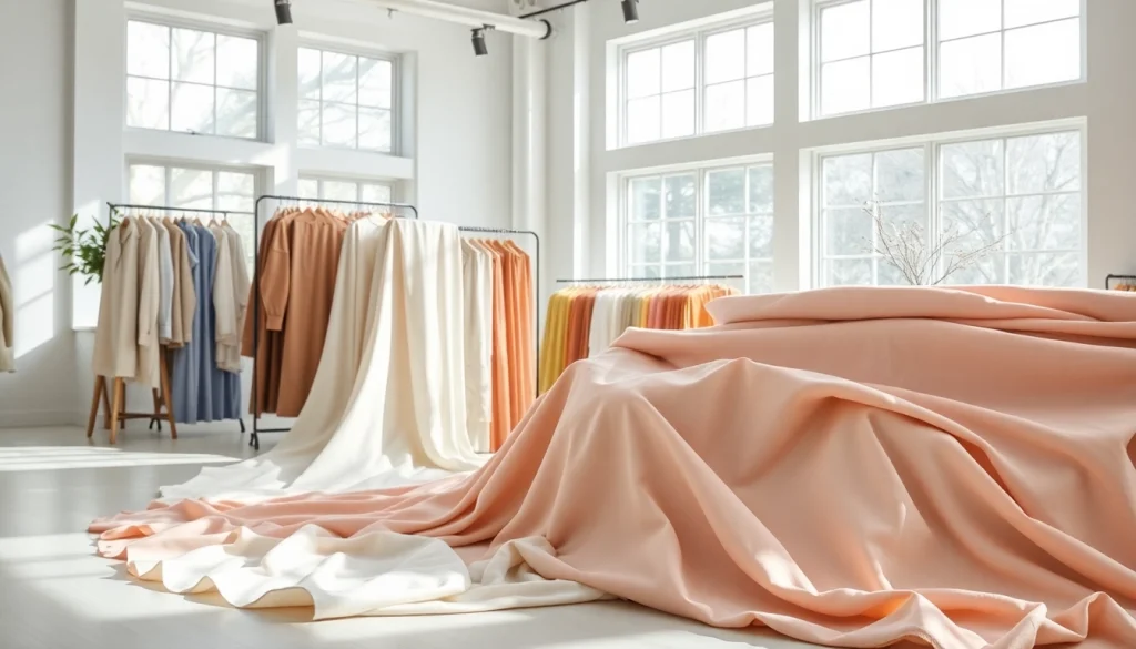 Katoen stof presentatie met verschillende texturen en kleuren in een heldere showroom.