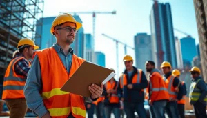 Manhattan Construction Manager overseeing a construction site with scaffolding and city skyline.