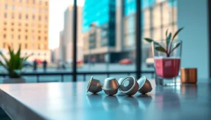 Vibrante hqd pods auf einem modernen Tisch mit urbanem Hintergrund abgebildet.