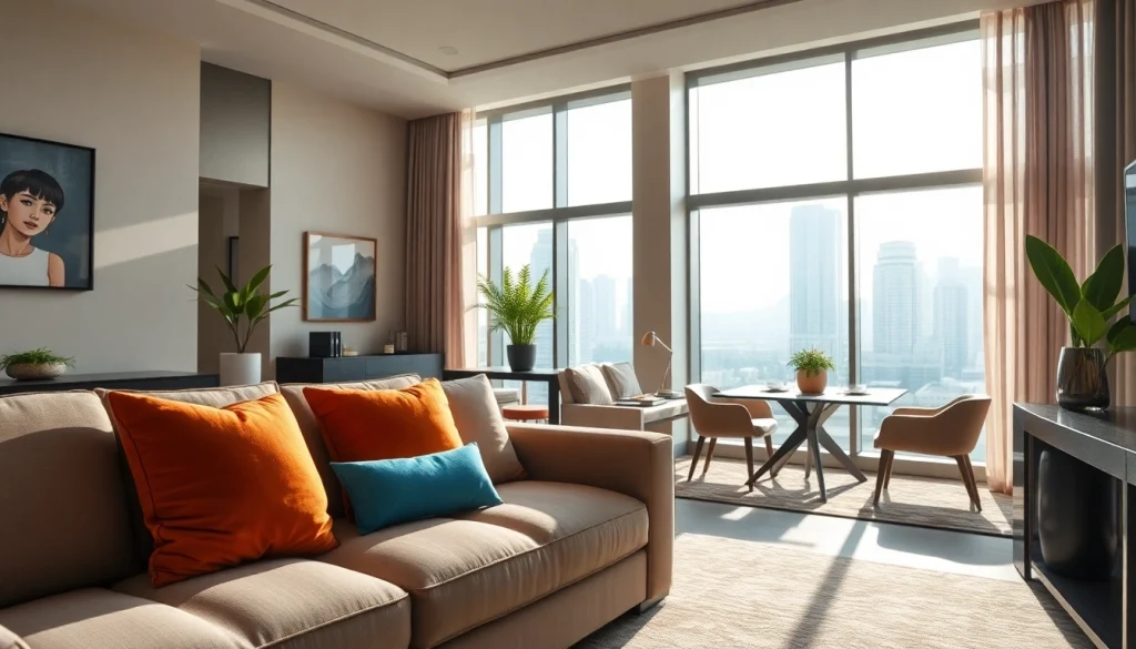 Luxury accommodation suite offering comfort with a modern design and city view.