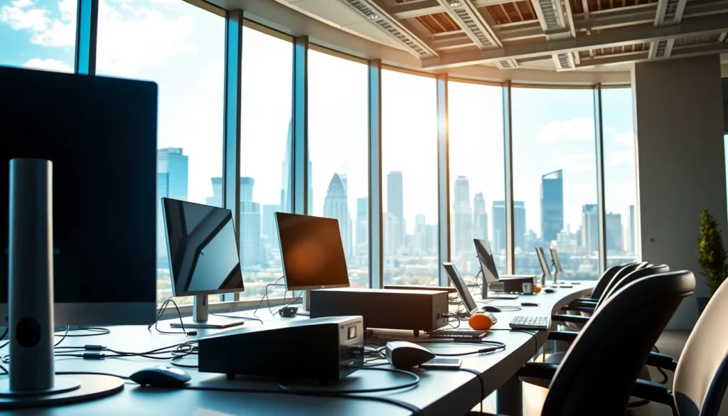 Showcase of Technology-enhanced modern workspace with innovative devices and bright city views.