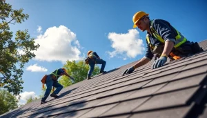Highlighting Professional roofing services with skilled roofers installing shingles on a sunny day.