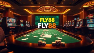 FLY88 online gamblers enjoying luxury gaming experience at a stylish casino table with vibrant games.