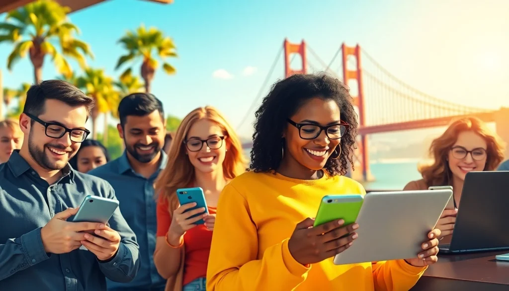 Engaging experience of online sports betting California with diverse bettors using mobile devices and iconic views.