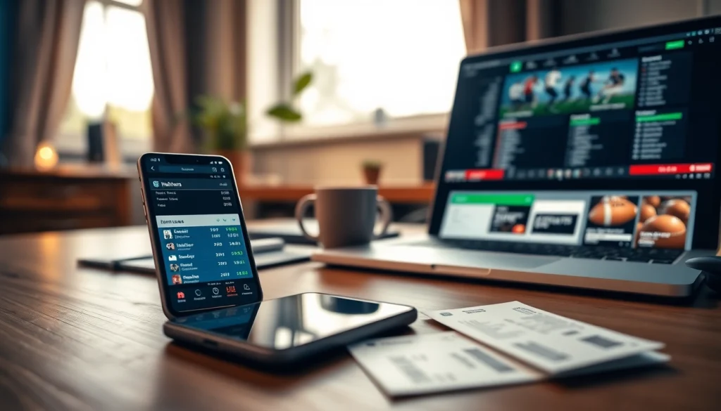 Engaging in online sports betting Saskatchewan with a smartphone and laptop in a cozy office setting.