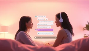 Engaging chat interface showcasing a user interacting with a sex AI chat companion, warm colors, digital dialogue.
