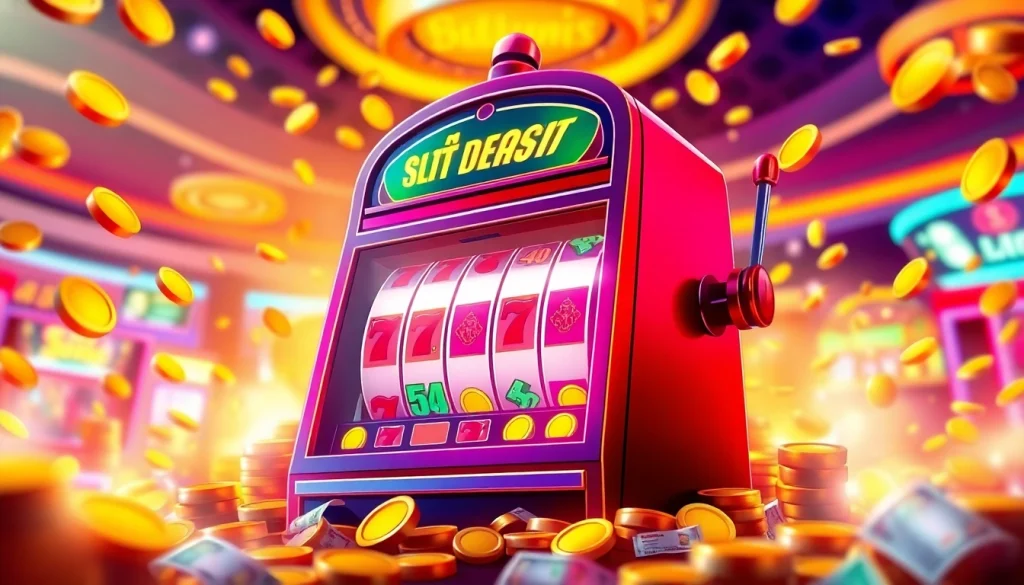 Menangkan slot deposit pulsa dengan mesin slot penuh warna dan koin bersinar di kasino.