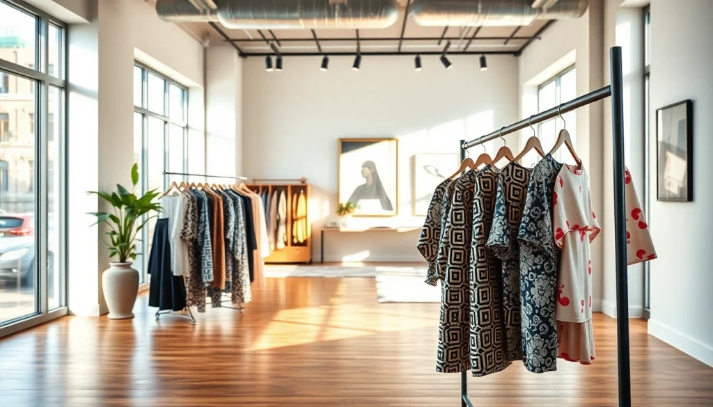 Rivelle fashion pieces displayed stylishly in an elegant urban showroom.