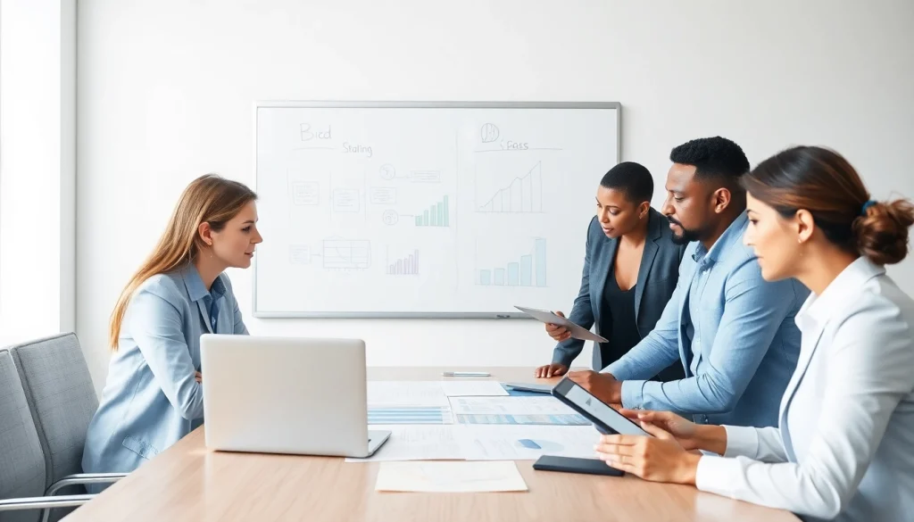 Engaging in Bid-No-Bid Analysis with professionals reviewing strategic documents in an office setting.