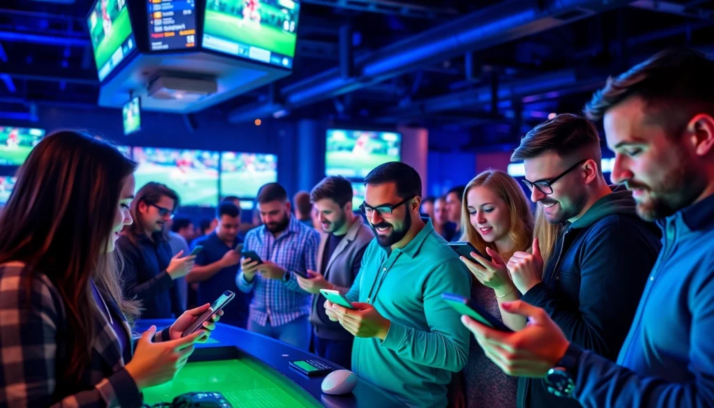 Engaged fans placing bets in online sports betting Alberta at a vibrant sports bar.